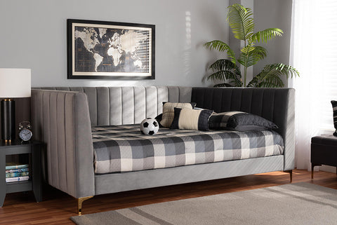 Baxton Studio Oksana Modern Contemporary Glam and Luxe Light Grey Velvet Fabric Upholstered and Gold Finished Full Size Daybed