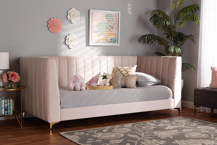 Baxton Studio Oksana Modern Contemporary Glam and Luxe Light Pink Velvet Fabric Upholstered and Gold Finished Twin Size Daybed