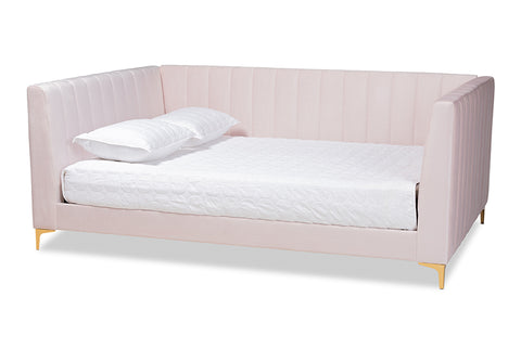 Baxton Studio Oksana Modern Contemporary Glam and Luxe Light Pink Velvet Fabric Upholstered and Gold Finished Full Size Daybed