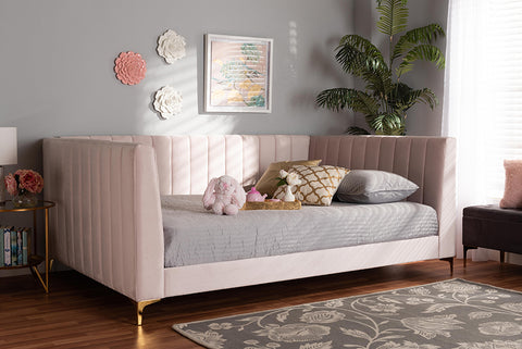 Baxton Studio Oksana Modern Contemporary Glam and Luxe Light Pink Velvet Fabric Upholstered and Gold Finished Full Size Daybed