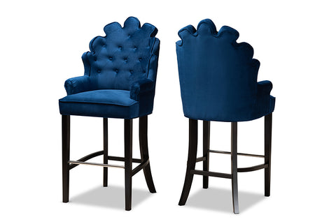 Baxton Studio Chloe Modern and Contemporary Navy Blue Velvet Upholstered and Dark Brown Finished Wood 2-Piece Bar Stool Set