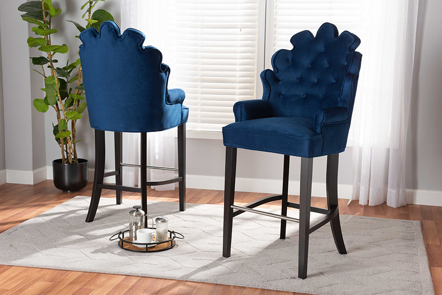 Baxton Studio Chloe Modern and Contemporary Navy Blue Velvet Upholstered and Dark Brown Finished Wood 2-Piece Bar Stool Set
