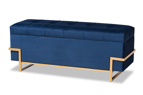 Baxton Studio Parker Glam and Luxe Navy Blue Velvet Upholstered and Gold Metal Finished Storage Ottoman 