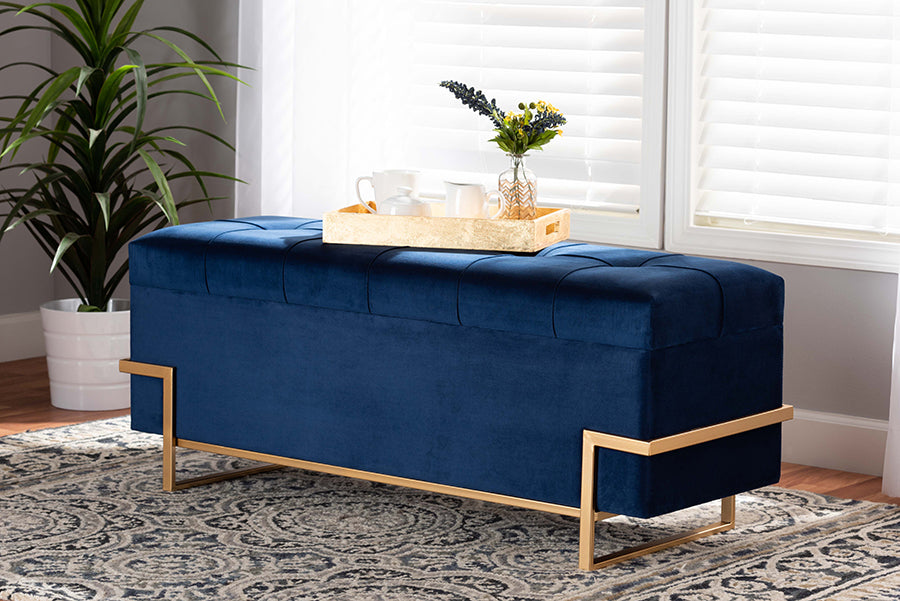 Baxton Studio Parker Glam and Luxe Navy Blue Velvet Upholstered and Gold Metal Finished Storage Ottoman 