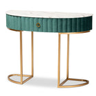 Baxton Studio Beale Luxe and Glam Green Velvet Upholstered and Brushed Gold Finished 1-Drawer Console Table with Faux Marble Tabletop