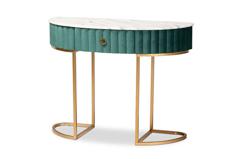 Baxton Studio Beale Luxe and Glam Green Velvet Upholstered and Brushed Gold Finished 1-Drawer Console Table with Faux Marble Tabletop