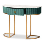 Baxton Studio Beale Luxe and Glam Green Velvet Upholstered and Brushed Gold Finished 1-Drawer Console Table with Faux Marble Tabletop