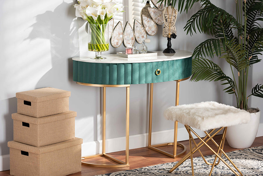 Baxton Studio Beale Luxe and Glam Green Velvet Upholstered and Brushed Gold Finished 1-Drawer Console Table with Faux Marble Tabletop