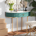 Baxton Studio Beale Luxe and Glam Green Velvet Upholstered and Brushed Gold Finished 1-Drawer Console Table with Faux Marble Tabletop