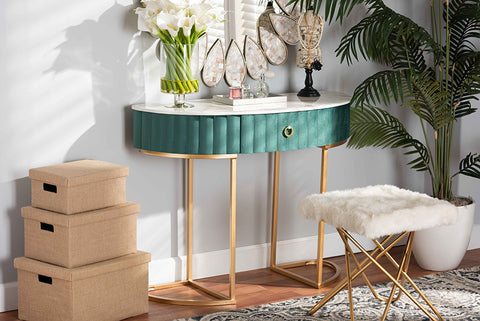 Baxton Studio Beale Luxe and Glam Green Velvet Upholstered and Brushed Gold Finished 1-Drawer Console Table with Faux Marble Tabletop