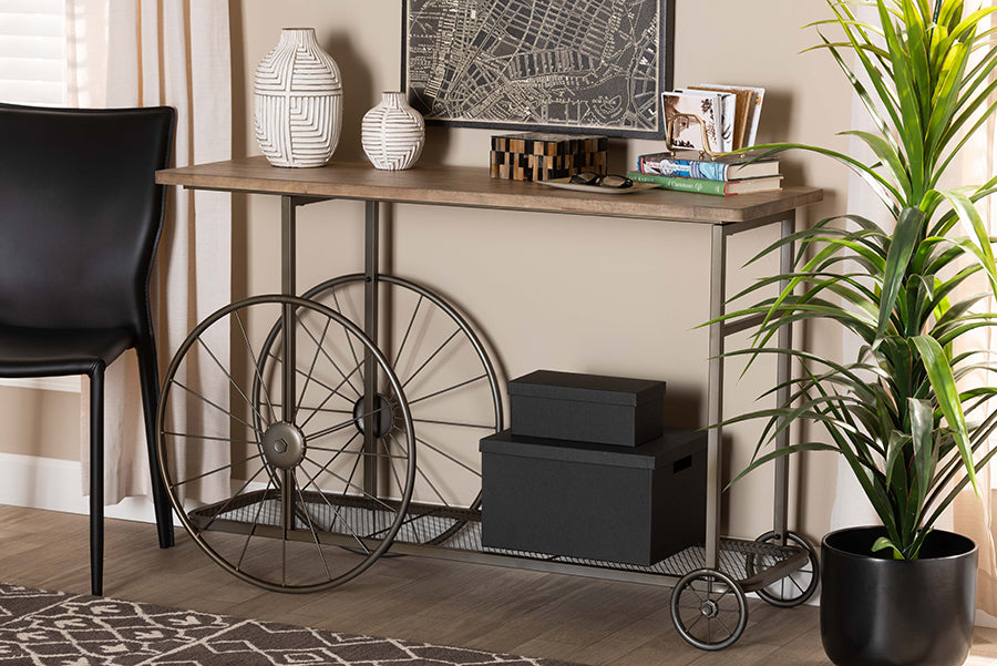 Baxton Studio Terence Vintage Rustic Industrial Natural Finished Wood and Black Finished Metal Wheeled Console Table