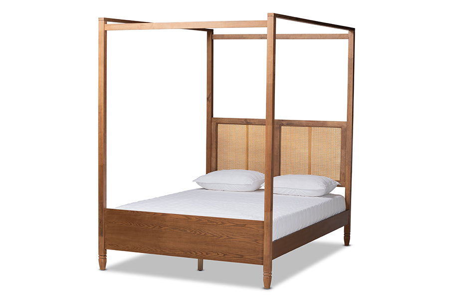 Baxton Studio Malia Modern and Contemporary Walnut Brown Finished Wood and Synthetic Rattan Queen Size Canopy Bed