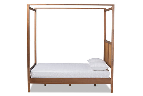 Baxton Studio Malia Modern and Contemporary Walnut Brown Finished Wood and Synthetic Rattan King Size Canopy Bed