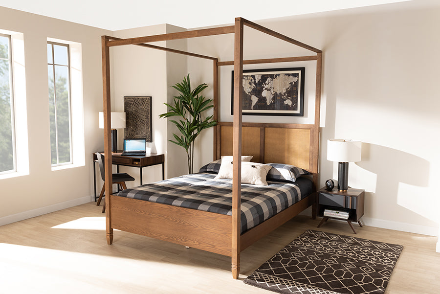 Baxton Studio Malia Modern and Contemporary Walnut Brown Finished Wood and Synthetic Rattan Queen Size Canopy Bed
