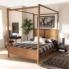 Baxton Studio Malia Modern and Contemporary Walnut Brown Finished Wood and Synthetic Rattan King Size Canopy Bed