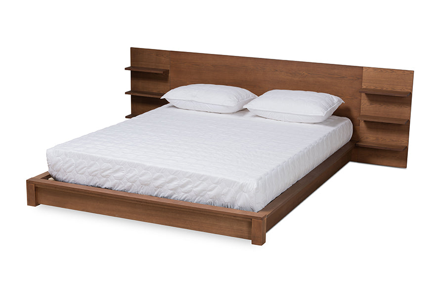 Baxton Studio Elina Modern and Contemporary Walnut Brown Finished Wood King Size Platform Storage Bed with Shelves