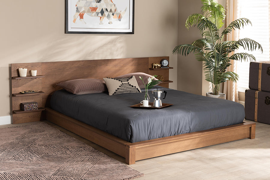 Baxton Studio Elina Modern and Contemporary Walnut Brown Finished Wood Queen Size Platform Storage Bed with Shelves