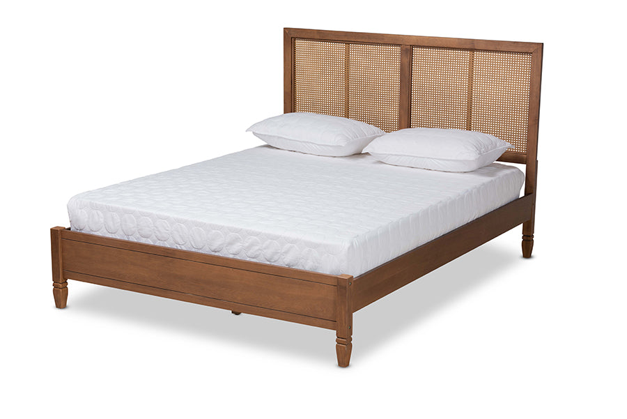 Baxton Studio Redmond Mid-Century Modern Walnut Brown Finished Wood and Synthetic Rattan King Size Platform Bed