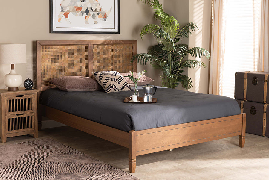 Baxton Studio Redmond Mid-Century Modern Walnut Brown Finished Wood and Synthetic Rattan Queen Size Platform Bed