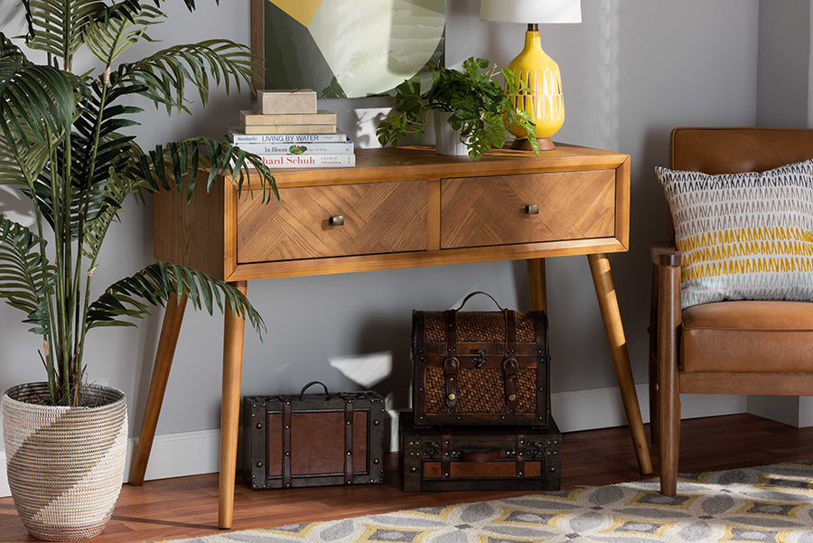 Baxton Studio Mae Mid-Century Modern Natural Brown Finished Wood 2-Drawer Console Table