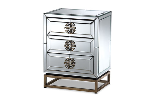 Baxton Studio Laken Contemporary Glam and Luxe Mirrored and Antique Bronze Finished 3-Drawer End Table