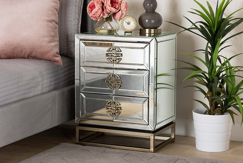 Baxton Studio Laken Contemporary Glam and Luxe Mirrored and Antique Bronze Finished 3-Drawer End Table