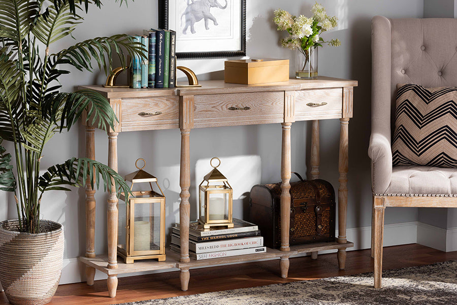 Baxton Studio Hallan Classic and Traditional French Provincial Rustic Whitewashed Oak Brown Finished Wood 3-Drawer Console Table