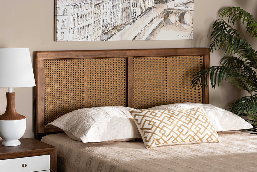 Baxton Studio Gilbert Mid-Century Modern Ash Walnut Finished Wood and Synthetic Rattan Queen Size Headboard 