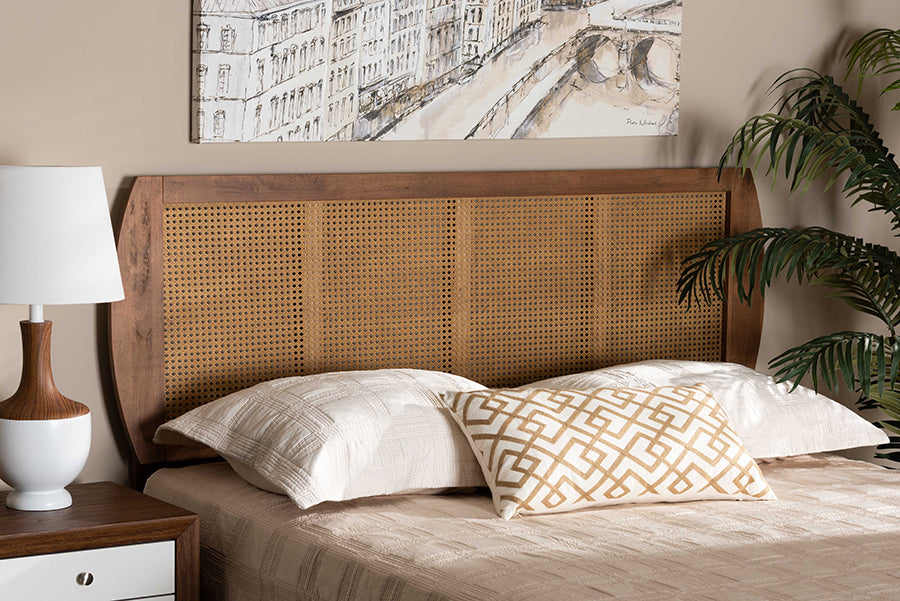 Baxton Studio Harris Mid-Century Modern Ash Walnut Finished Wood and Synthetic Rattan King Size Headboard