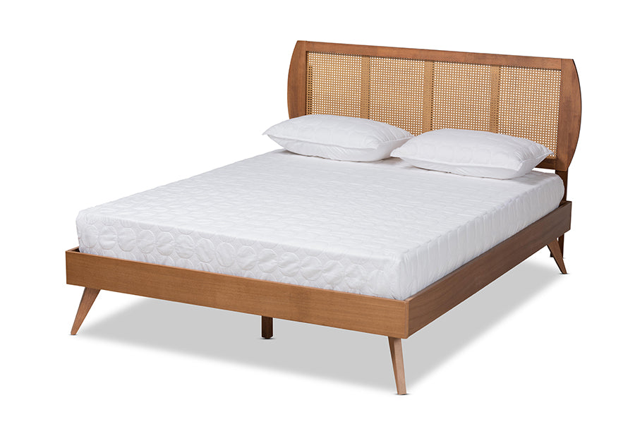 Baxton Studio Asami Mid-Century Modern Walnut Brown Finished Wood and Synthetic Rattan Queen Size Platform Bed