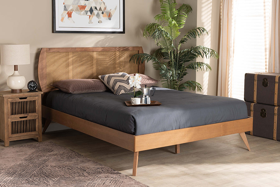 Baxton Studio Asami Mid-Century Modern Walnut Brown Finished Wood and Synthetic Rattan Full Size Platform Bed