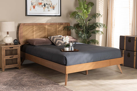 Baxton Studio Asami Mid-Century Modern Walnut Brown Finished Wood and Synthetic Rattan Queen Size Platform Bed