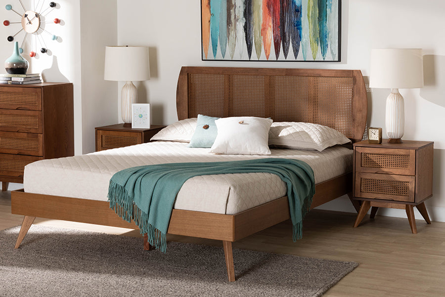 Baxton Studio Asami Mid-Century Modern Walnut Brown Finished Wood and Woven Rattan Full Size 3-Piece Bedroom Set