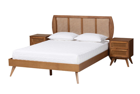 Baxton Studio Asami Mid-Century Modern Walnut Brown Finished Wood and Woven Rattan King Size 3-Piece Bedroom Set