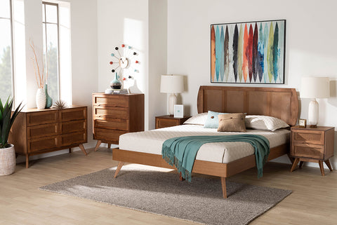 Baxton Studio Asami Mid-Century Modern Walnut Brown Finished Wood and Woven Rattan Full Size 5-Piece Bedroom Set