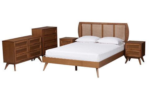 Baxton Studio Asami Mid-Century Modern Walnut Brown Finished Wood and Woven Rattan Full Size 5-Piece Bedroom Set