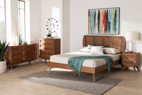 Baxton Studio Asami Mid-Century Modern Walnut Brown Finished Wood and Woven Rattan King Size 4-Piece Bedroom Set