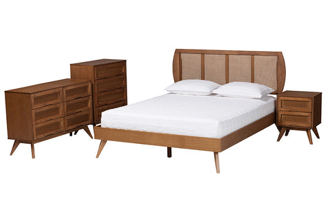 Baxton Studio Asami Mid-Century Modern Walnut Brown Finished Wood and Woven Rattan Queen Size 4-Piece Bedroom Set