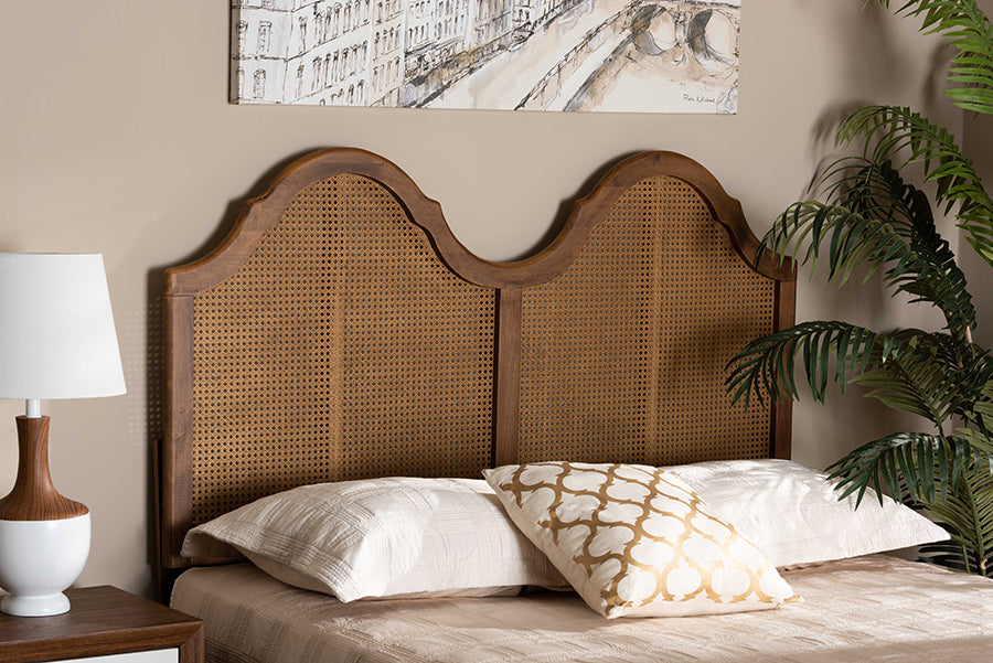 Baxton Studio Hazel Vintage Classic and Traditional Ash Walnut Finished Wood and Synthetic Rattan King Size Arched Headboard