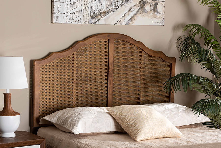 Baxton Studio Iris Vintage Classic and Traditional Ash Walnut Finished Wood and Synthetic Rattan King Size Arched Headboard