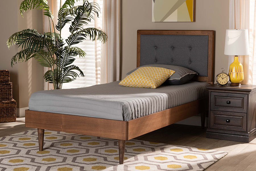 Baxton Studio Greta Mid-Century Modern Dark Grey Fabric Upholstered and Walnut Brown Finished Wood Twin Size Platform Bed