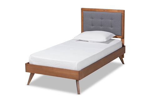 Baxton Studio Alida Mid-Century Modern Dark Grey Fabric Upholstered and Walnut Brown Finished Wood Twin Size Platform Bed