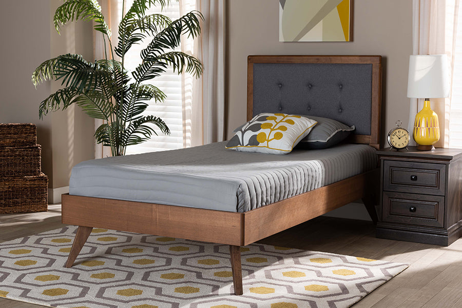 Baxton Studio Alida Mid-Century Modern Dark Grey Fabric Upholstered and Walnut Brown Finished Wood Twin Size Platform Bed