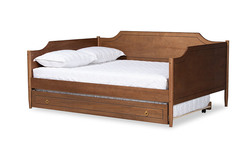Baxton Studio Alya Classic Traditional Farmhouse Walnut Brown Finished Wood Full Size Daybed with Roll-Out Trundle Bed