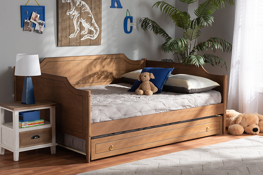 Baxton Studio Alya Classic Traditional Farmhouse Walnut Brown Finished Wood Full Size Daybed with Roll-Out Trundle Bed