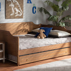 Baxton Studio Alya Classic Traditional Farmhouse Walnut Brown Finished Wood Full Size Daybed with Roll-Out Trundle Bed