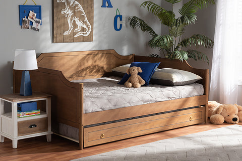 Baxton Studio Alya Classic Traditional Farmhouse Walnut Brown Finished Wood Full Size Daybed with Roll-Out Trundle Bed