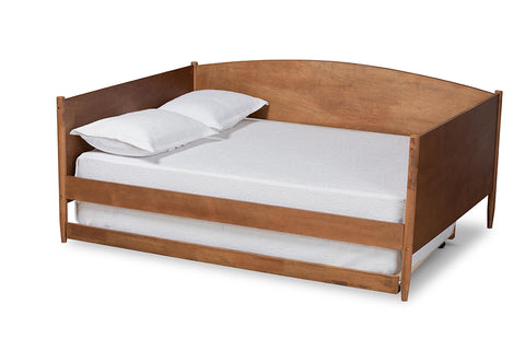 Baxton Studio Veles Mid-Century Modern Ash Walnut Finished Wood Full Size Daybed with Trundle