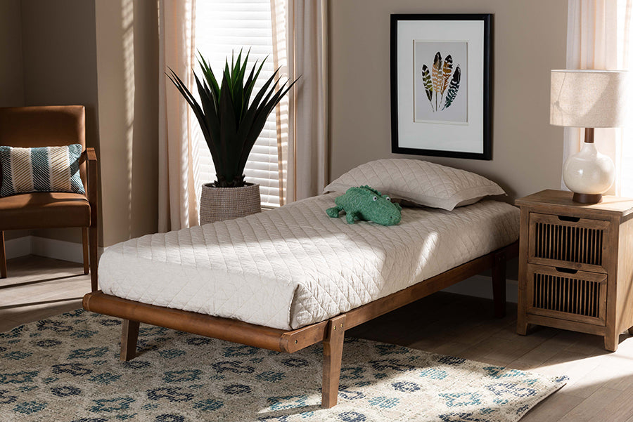 Baxton Studio Kaia Mid-Century Modern Walnut Brown Finished Wood Twin Size Platform Bed Frame