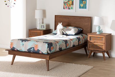 Baxton Studio Melora Mid-Century Modern Walnut Brown Finished Wood and Rattan Twin Size 3-Piece Bedroom Set